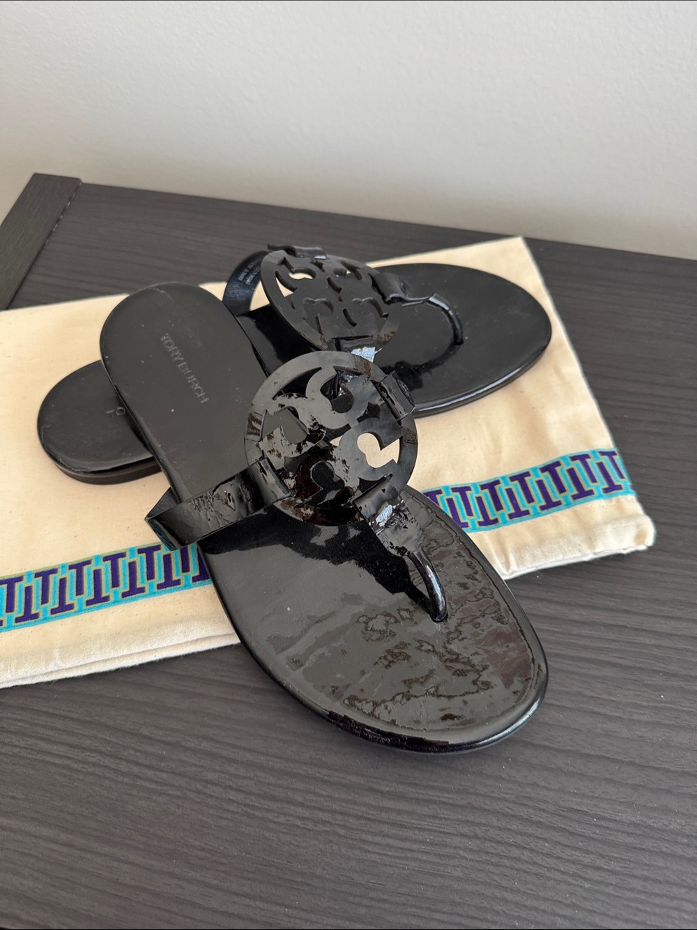 Tory Burch Black Patent Miller Logo Thong Sandals